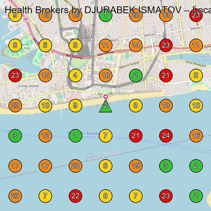 Health Brokers by DJURABEK ISMATOV Insurance Agency GeoGrid ranking map for Brooklyn NY